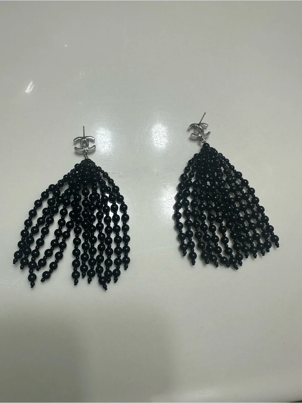 🌟 CHANEL Black Beaded Fringe CC Drop Earrings